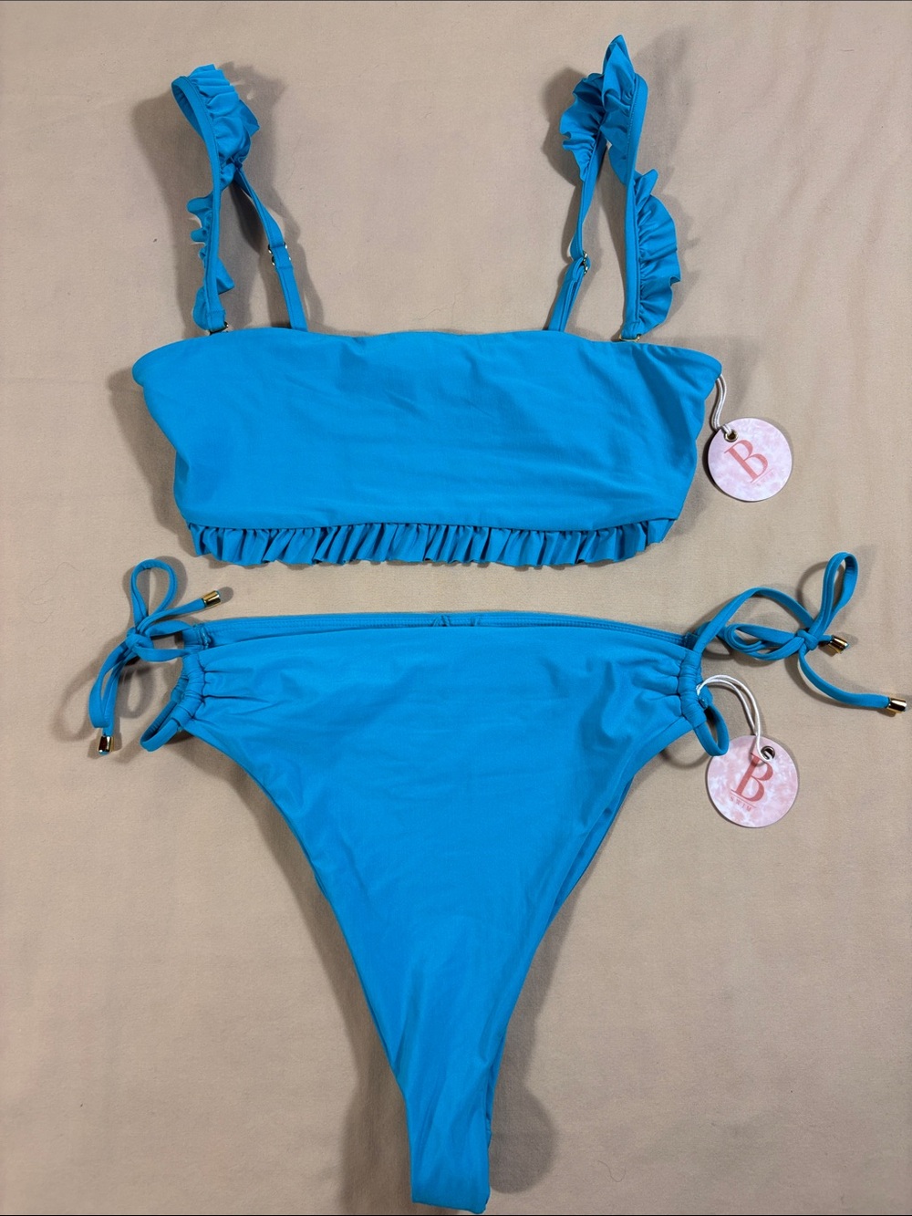 B Swim Lagoon Blue Barbados Bandeau Mykonos Hi Waist Bikini Set Medium NWT